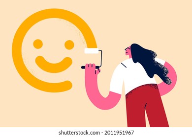 Optimism, positive thinking, motivation concept. Young happy girl standing backwards paint ing smile face on wall with roller vector illustration