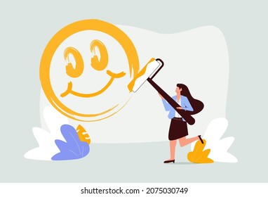 Optimism, positive thinking, motivation concept. Young happy girl standing backwards paint ing smile face on wall with roller vector illustration. Mental health, psychology, Positive thinking concept.