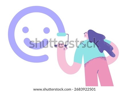 Optimism, positive thinking, motivation concept. Young happy girl standing backwards paint ing smile face on wall with roller vector illustration