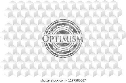 Optimism realistic grey emblem with cube white background
