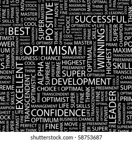 OPTIMISM. Seamless vector pattern with word cloud. Illustration with different association terms.