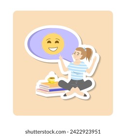 Optimism sticker illustration. Happy woman sitting and singing. Concept of optimism, feeling of happiness, positive thoughts or emotions, good mood, optimistic point of view.