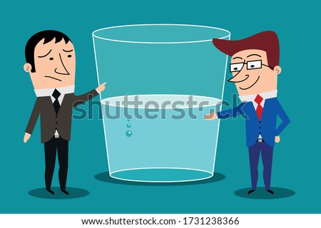 Optimism versus pessimism concept. Cartoon characters businessmen indicating glass half full or half empty. vector isolated Foto stock © 