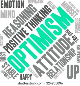 Optimism word cloud on a white background. 