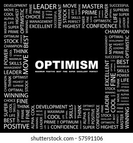 OPTIMISM. Word collage on black background. Illustration with different association terms.