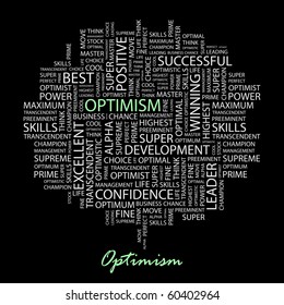 OPTIMISM. Word collage on black background. Illustration with different association terms.