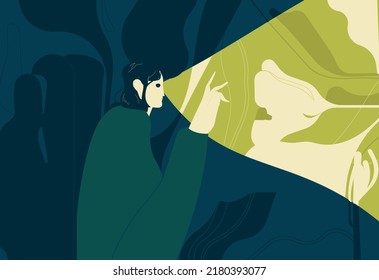 Optimist focusing on good, seeing life from positive outlook in favorable light. Psychological concept of optimism and optimistic mindset. Flat vector illustration.