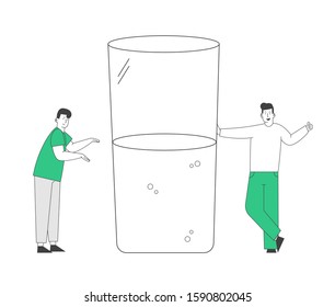 Optimist and Pessimist Concept. Couple of Male Characters Stand at Huge Water Glass Discussing if it is Half Full or Empty. Positive Negative Life Attitude. Cartoon Flat Vector Illustration, Line Art