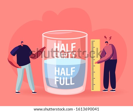 Optimist and Pessimist Concept. Couple of Male Characters Stand at Huge Water Glass Discussing if it is Half Full or Empty Positive and Negative Thinking Life Attitude. Flat Vector Illustration Foto stock © 