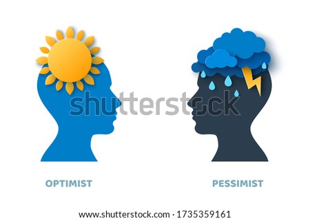 Optimist and pessimist psychology concept. Vector illustration. Blue man head silhouette isolated on white background for psychotherapy design. Mental health and depression. Foto stock © 
