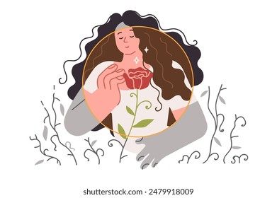 Optimist woman feels satisfaction, being in psychological comfort zone and smells flower. Concept importance of mental health and maintaining comfort zone to avoid depressive problems and stress