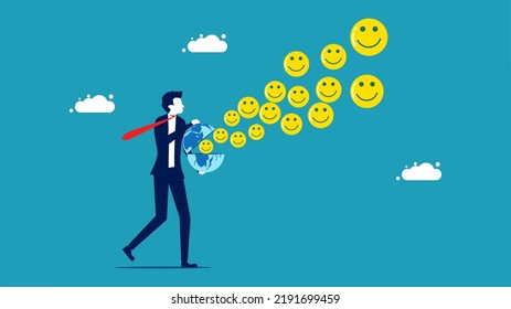 optimistic businessman. smiley face icon floats from the globe.