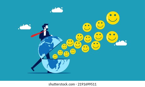 optimistic businessman. smiley face icon floats from the globe.