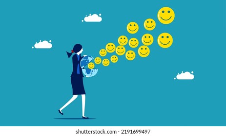 optimistic businesswoman. smiley face icon floats from the globe