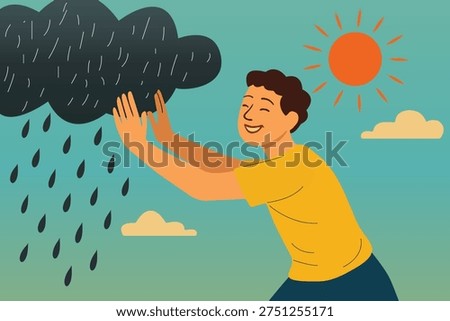 optimistic concept, happy smile man pushing dark rain cloud out of the summer sky, vector art illustration	