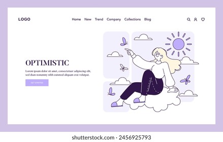 Optimistic concept. A young woman sits on a cloud, pointing towards the sun, embodying positivity and a hopeful outlook. A celebration of optimism. Vector illustration