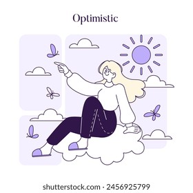 Optimistic concept. A young woman sits on a cloud, pointing towards the sun, embodying positivity and a hopeful outlook. A celebration of optimism. Vector illustration