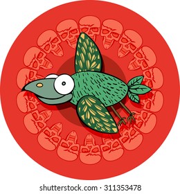 Optimistic crow. Funny bird with spread wings flying in the background of the circle made up of human skulls.