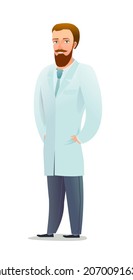 Optimistic doctor in dressing gown. Cheerful persons in standing pose. Cartoon comic style flat design. Separate character. Illustration isolated on white background. Vector