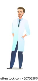 Optimistic doctor in dressing gown. Cheerful persons in standing pose. Cartoon comic style flat design. Separate character. Illustration isolated on white background. Vector