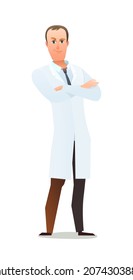 Optimistic doctor in dressing gown. Cheerful persons in standing pose. Cartoon comic style flat design. Separate character. Illustration isolated on white background. Vector.