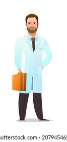 Optimistic doctor in dressing gown. Cheerful persons in standing pose. Cartoon comic style flat design. Separate character. Illustration isolated on white background. Vector.