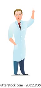 Optimistic doctor in dressing gown. Cheerful persons in standing pose. Cartoon comic style flat design. Separate character. Illustration isolated on white background. Vector.