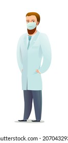 Optimistic doctor in dressing gown and humor mask. Cheerful persons in standing pose. Cartoon comic style flat design. Separate character. Illustration isolated on white background. Vector