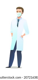 Optimistic doctor in dressing gown and humor mask. Cheerful persons in standing pose. Cartoon comic style flat design. Separate character. Illustration isolated on white background. Vector