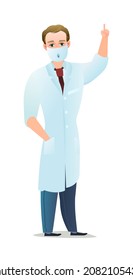 Optimistic doctor in dressing gown and humor mask. Cheerful persons in standing pose. Cartoon comic style flat design. Separate character. Illustration isolated on white background. Vector.