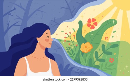 Optimistic focus. Positive mindset concept, beautiful joyful happy woman see good outlook, positivity focusing ignore bad negativity feeling favorable look life vector illustration of positive focus