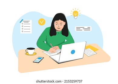 Optimistic girl with laptop sitting at table. Young woman, student or freelancer, working or studying on a computer minimalist style. Home office, online education concept. Flat vector illustration