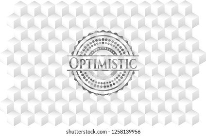 Optimistic grey badge with geometric cube white background