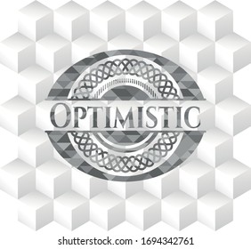 Optimistic grey badge with geometric cube white background