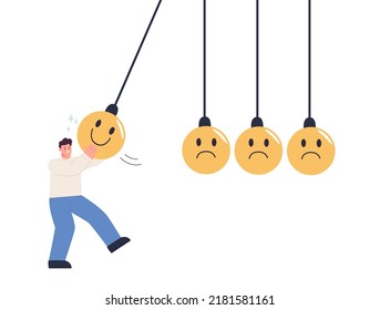 Optimistic, happiness,  balance between happiness and sadness, man holding smile face pendulum ball to hit other sad faces. Vector illustration
