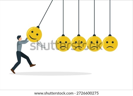 Optimistic, happiness or positive thinking inspire other people happy, emotional intelligence or balance between happiness and sadness, man holding smile face pendulum ball to hit other sad faces.	
