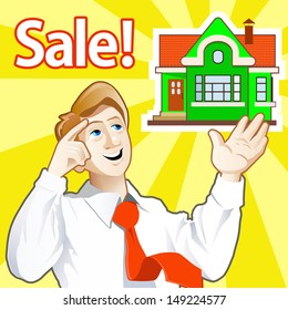 Optimistic and Happy Real Estate Agent Try to Sell a House. Vector Green House on Yellow Rays Background.