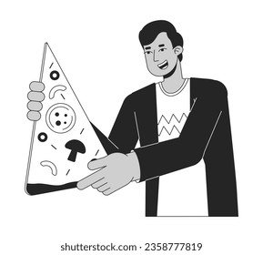 Optimistic indian man with big pizza slice flat line black white vector character. Editable outline half body person. Food delivery simple cartoon isolated spot illustration for web graphic design