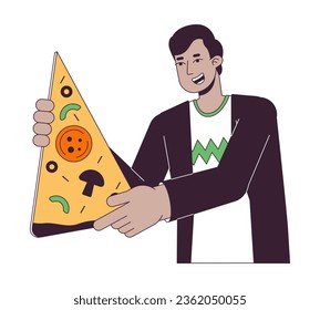 Optimistic indian man with big pizza slice flat line color vector character. Editable outline half body person on white. Food delivery simple cartoon spot illustration for web graphic design