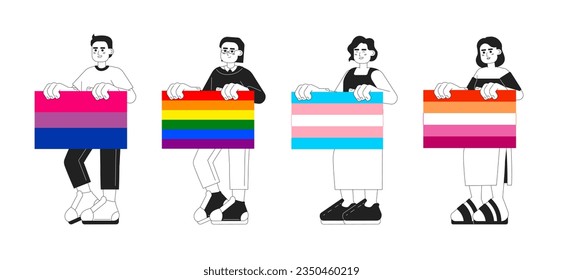 Optimistic lgbt people hold pride flags monochrome concept vector spot illustrations pack. Gender diversity 2D flat bw cartoon characters for web UI design. Isolated editable creative hero images set