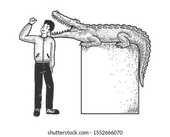 Optimistic man puts his head in jaws of crocodile person sketch engraving vector illustration. T-shirt apparel print design. Scratch board style imitation. Black and white hand drawn image.