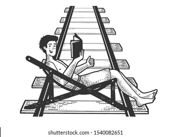 Optimistic man resting in deck chair with book on railway track waiting for the train sketch engraving vector illustration. T-shirt apparel print design. Scratch board style imitation. Black and white
