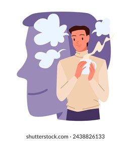 Optimistic man thinking, character intuitive mind. Pensive male introvert holding coffee cup with clouds of aroma, abstract silhouette of human face with smile from behind cartoon vector illustration