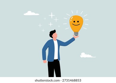 Una mentalidad optimista o una buena actitud para lograr el éxito en el trabajo, siempre tienen ideas para resolver problemas, el concepto de un empresario feliz sosteniendo una bombilla mientras sonríe con un aura positiva a su alrededor.