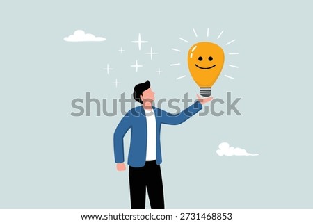 An optimistic mindset or good attitude to achieve success in work, always have ideas to solve problems, the concept of a happy entrepreneur holding a light bulb while smiling with a positive aura around him.