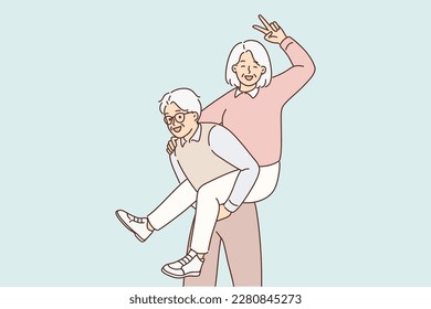 Optimistic older couple have fun enjoy maturity together. Smiling senior woman piggyback excited man relax on retirement or pension. Vector illustration. 