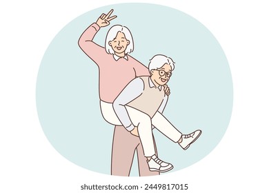 Optimistic older couple have fun enjoy maturity together. Smiling senior woman piggyback excited man relax on retirement or pension. Vector illustration.