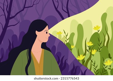 Optimistic outlook and focus on good future ahead, psychology concept vector illustration. Cartoon happy girl optimist with positive mindset looking ahead to enjoy beautiful world inside light beam