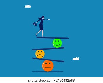 Optimistic and pessimistic thoughts. Businesswoman balancing a smile and a sad face 