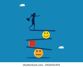 Optimistic and pessimistic thoughts. woman balancing a smile and a sad face 